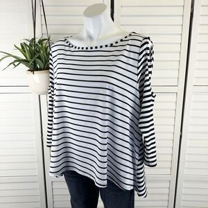 IC‎ by Connie K Black White Stripe Cold Shoulder Blouse Top Lagenlook Size L